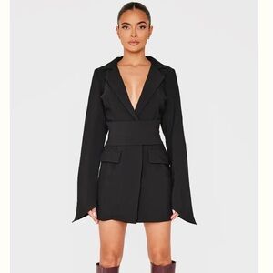 PrettyLittleThing Black Woven Wrap Belt Blazer Dress